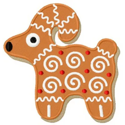 Gingerbread ram embroidery design featuring a whimsical ram motif perfect for holiday stitching projects.