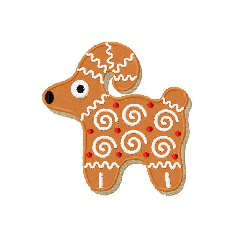 Gingerbread ram embroidery design featuring a whimsical ram motif perfect for holiday stitching projects.