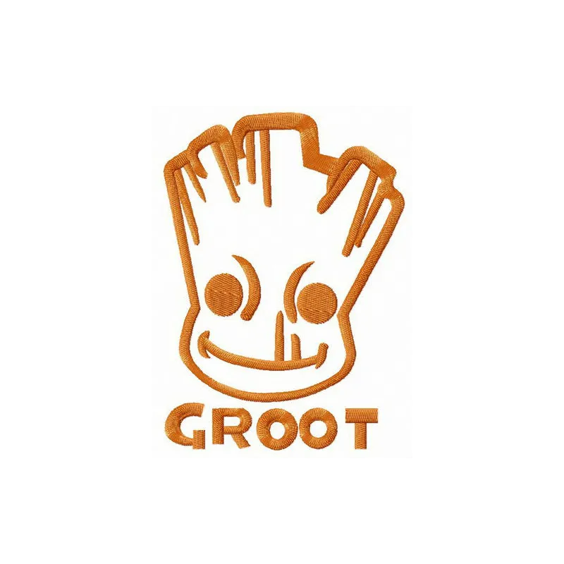 Smiling Groot embroidery design featuring a cheerful character, ideal for stitching on t-shirts and pillows.