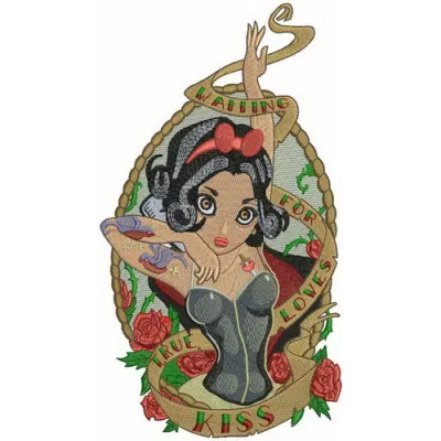 Preview of 'Waiting for True Love's Kiss' embroidery design featuring Snow White theme.