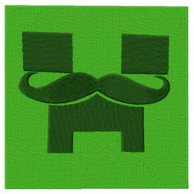 Minecraft-inspired embroidery design featuring a creeper with a whimsical mustache, ideal for playful projects.