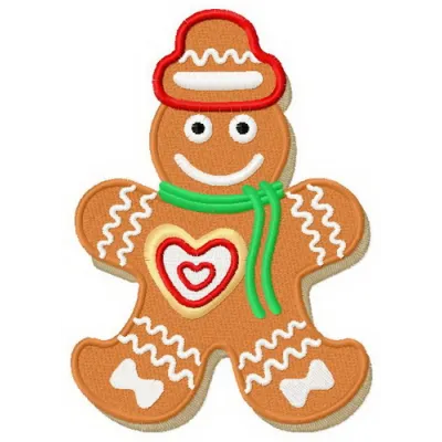 Gingerbread snowman embroidery design showcasing a whimsical stitched motif for festive crafting projects.
