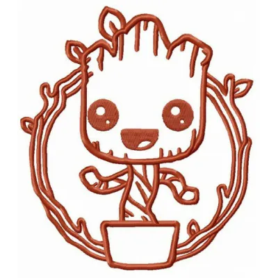 Comic book Groot embroidery design showcasing a playful and vibrant stitched motif for various fabric items.
