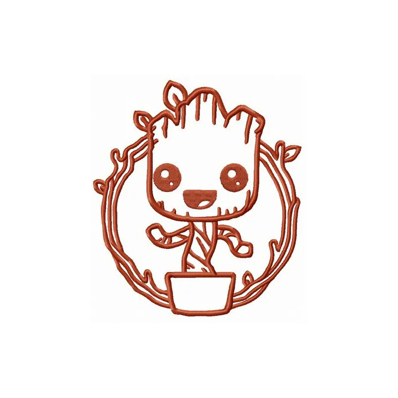 Comic book Groot embroidery design showcasing a playful and vibrant stitched motif for various fabric items.