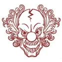 Scary clown embroidery design featuring a colorful joker face, perfect for adding a spooky touch to apparel and decor.