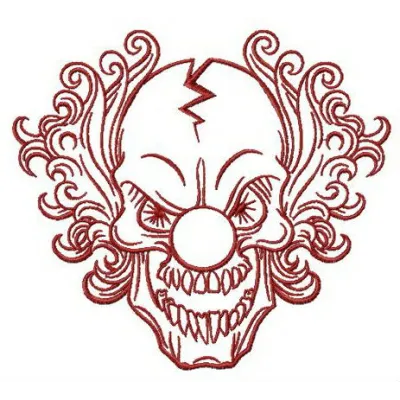 Scary clown embroidery design featuring a colorful joker face, perfect for adding a spooky touch to apparel and decor.