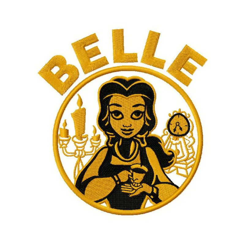 Belle embroidery design inspired by Beauty and the Beast, showcasing intricate stitching patterns for creative projects.