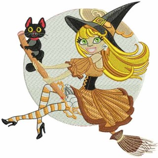 Flying witch with cat embroidery design - Embroidery Design