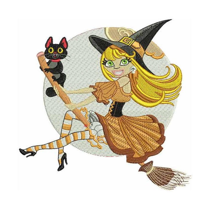 Flying witch with cat embroidery design - Embroidery Design