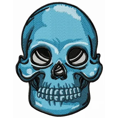 Blue skull embroidery design showcasing intricate details, perfect for decorating apparel and accessories.
