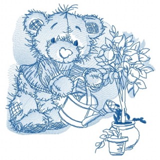 Bear watering lemon sketch embroidery design - Embroidery Design