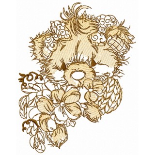 Teddy bear with pansies sketch embroidery design - Embroidery Design