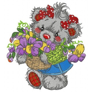Bear collecting flowers embroidery design - Embroidery Design
