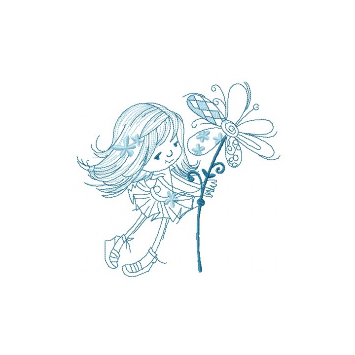 Tiny girl with magic flower sketch embroidery design - Embroidery Design