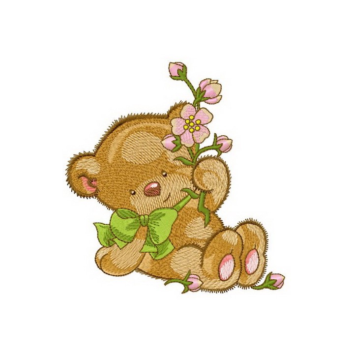 Bear with pink flower embroidery design - Embroidery Design