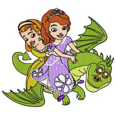 Sofia and dragon embroidery design featuring a whimsical princess and her friendly dragon companion.