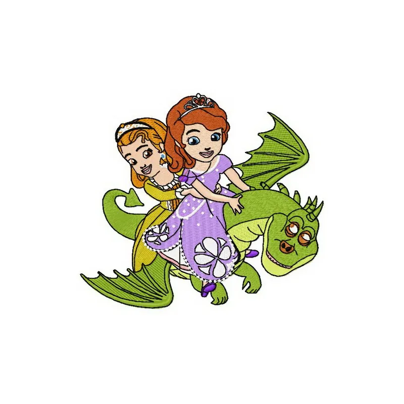 Sofia and dragon embroidery design featuring a whimsical princess and her friendly dragon companion.