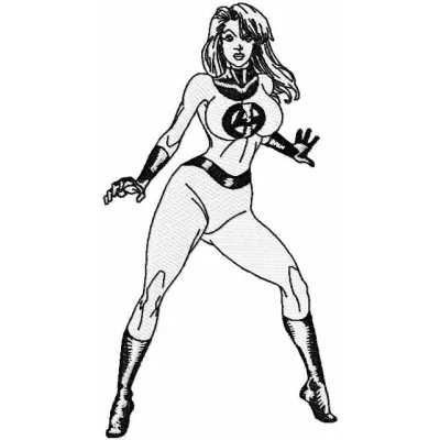 Invisible Woman embroidery design featuring the superhero from the Avengers, ideal for stitching on apparel and accessories.