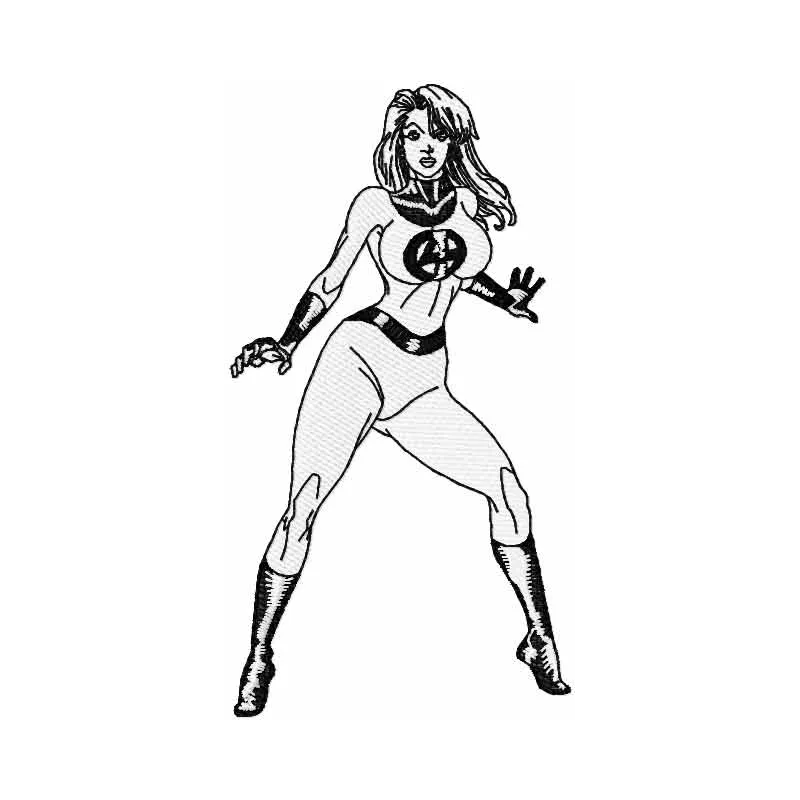 Invisible Woman embroidery design featuring the superhero from the Avengers, ideal for stitching on apparel and accessories.