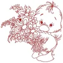 Embroidery design preview of a charming little duck surrounded by flowers, perfect for various fabric projects.