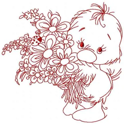 Embroidery design preview of a charming little duck surrounded by flowers, perfect for various fabric projects.