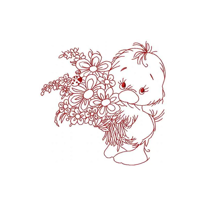 Embroidery design preview of a charming little duck surrounded by flowers, perfect for various fabric projects.
