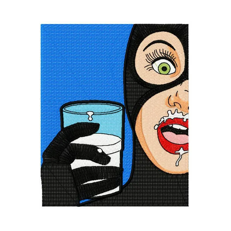 Wow! Milk! embroidery design featuring a fun Batman theme, perfect for stitching on t-shirts and tote bags.