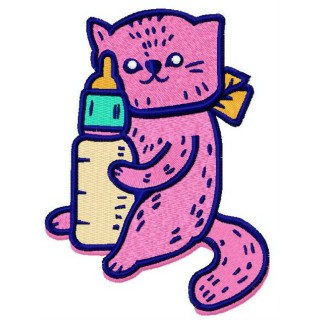 Pink cat with baby bottle embroidery design - Embroidery Design