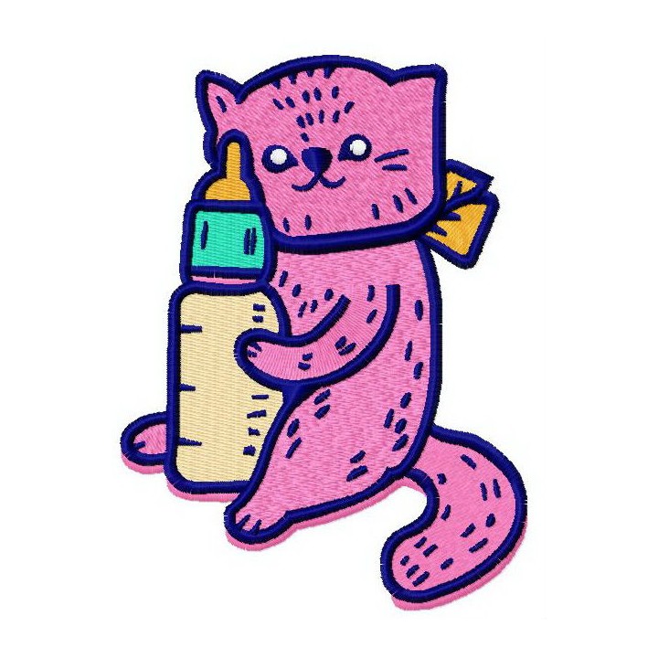 Pink cat with baby bottle embroidery design - Embroidery Design