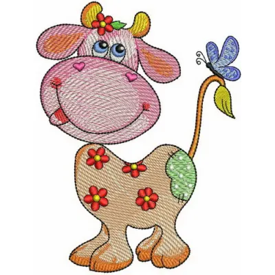 Summer cow embroidery design featuring a cheerful cow on a vibrant background, perfect for stitching on apparel and home dec…