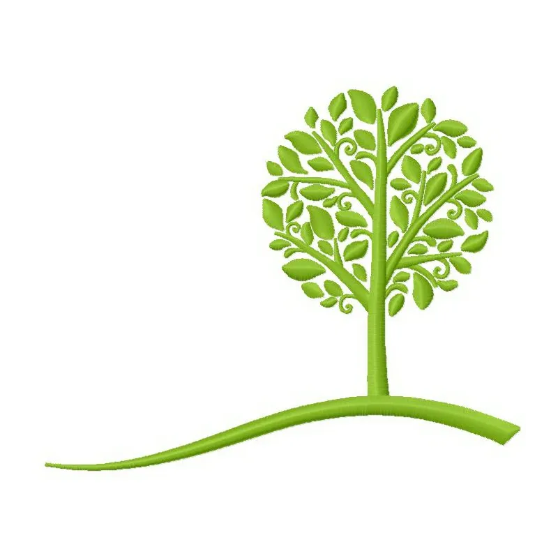 Green tree embroidery design showcasing summer motifs, perfect for t-shirts and tote bags.