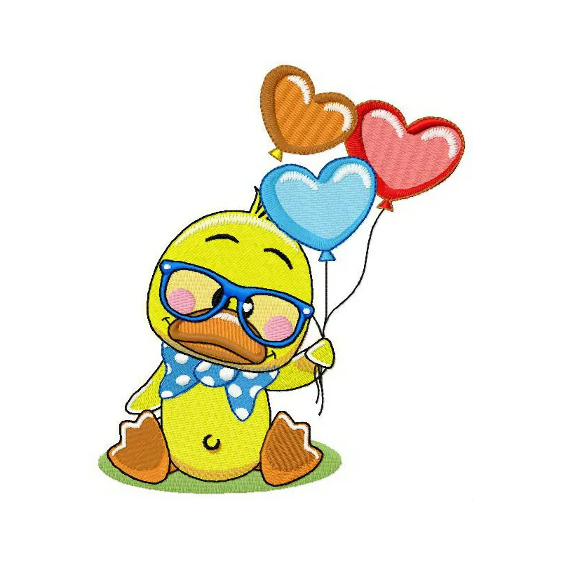 Little duck holding colorful balloons embroidery design for charming projects like baby onesies or towels.
