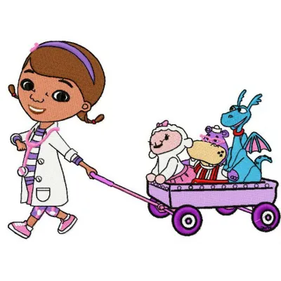 Colorful embroidery design featuring Doc McStuffins and friends, perfect for children's apparel and accessories.