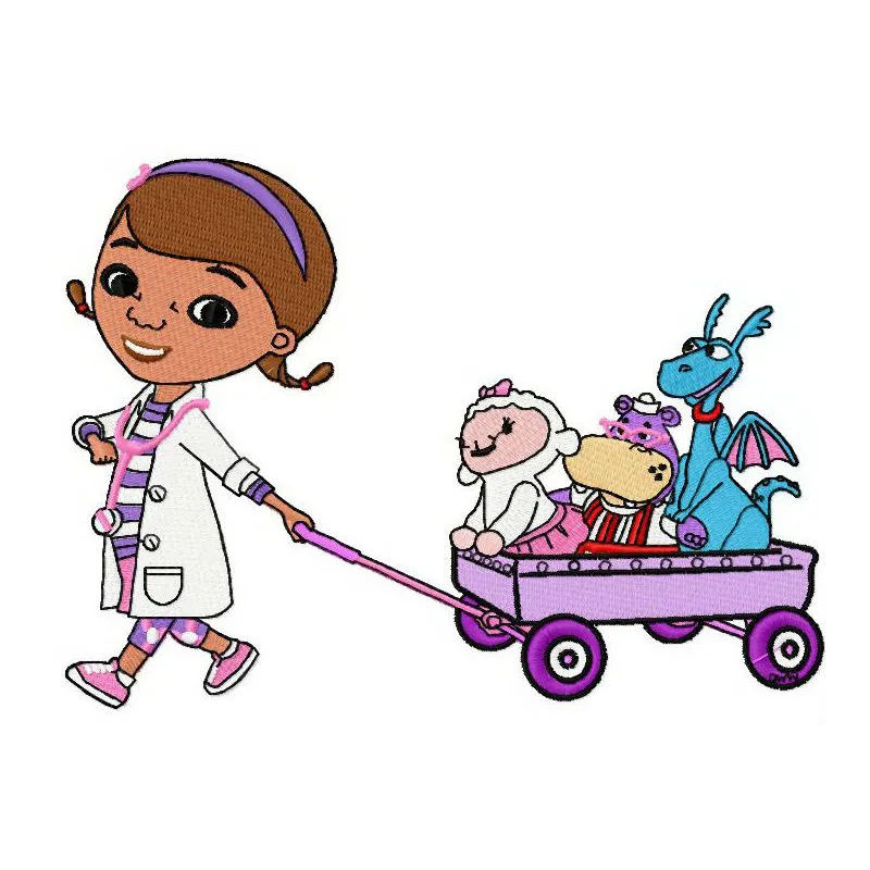 Colorful embroidery design featuring Doc McStuffins and friends, perfect for children's apparel and accessories.