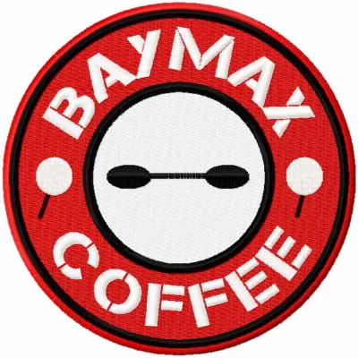 Baymax coffee embroidery design featuring a whimsical character perfect for stitching on t-shirts and tote bags.