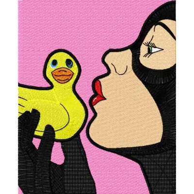 Embroidery design featuring Catwoman playfully kissing a rubber duck, perfect for fun stitching projects.