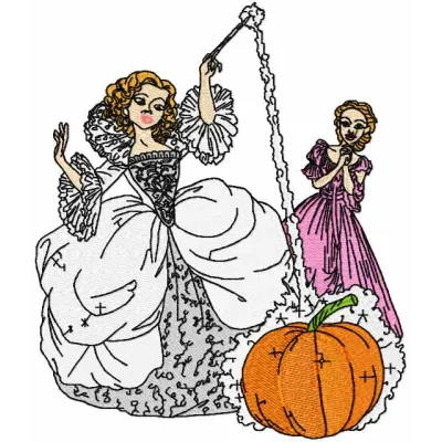 Fairy and Cinderella embroidery design showcasing whimsical elements for enchanting stitching projects.