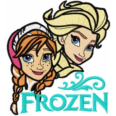 Embroidery design preview of Frozen sisters, featuring Anna and Elsa in a delightful stitched motif.