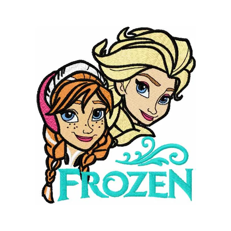 Embroidery design preview of Frozen sisters, featuring Anna and Elsa in a delightful stitched motif.