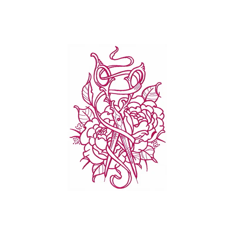 Embroidery design featuring vintage scissors and ribbon, perfect for crafting projects and creative stitching.