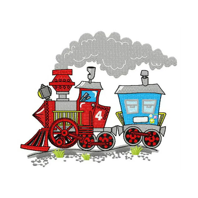 Train ride embroidery design featuring a whimsical train and landscape, perfect for stitching on kids' apparel or decor.