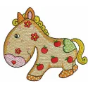 Apple pony embroidery design showcasing a charming farm animal motif, ideal for stitching on t-shirts and bags.