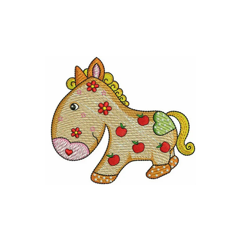 Apple pony embroidery design showcasing a charming farm animal motif, ideal for stitching on t-shirts and bags.