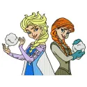 Embroidery design featuring sisters joyfully playing with snowballs in a winter scene.
