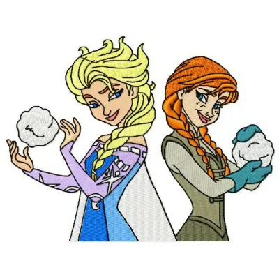 Embroidery design featuring sisters joyfully playing with snowballs in a winter scene.