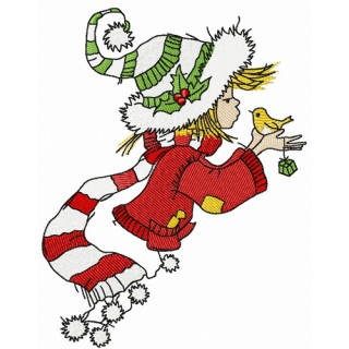 Christmas elf sings with bird embroidery design - Embroidery Design