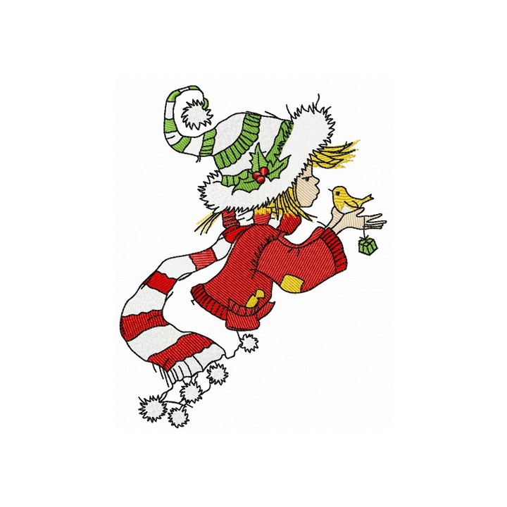 Christmas elf sings with bird embroidery design - Embroidery Design