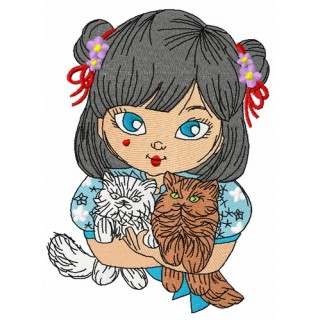 Japanese girl with cats 3 embroidery design - Embroidery Design