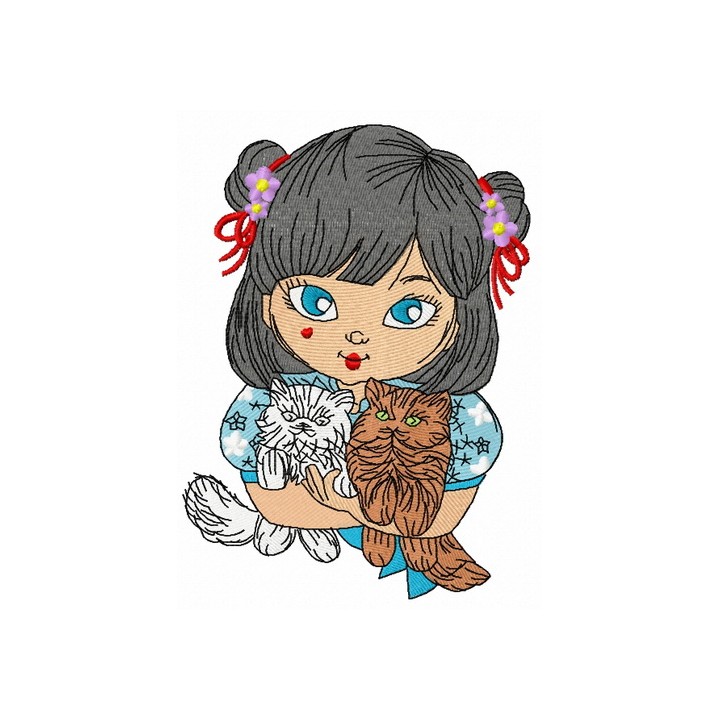 Japanese girl with cats 3 embroidery design - Embroidery Design