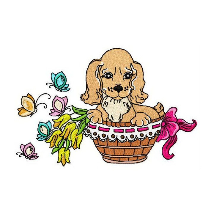 Puppy in basket embroidery design - Embroidery Design